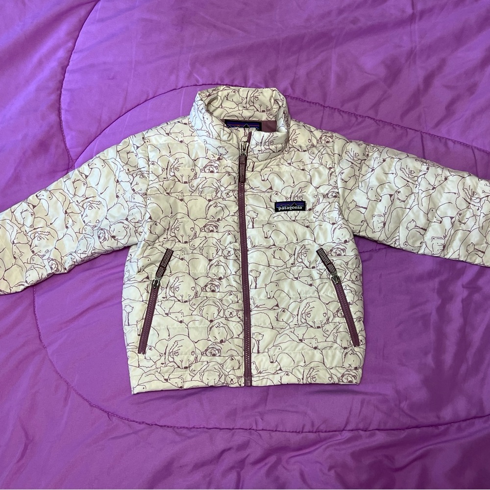 Patagonia Kids Puffer Jacket - Cream and Purple 2T
